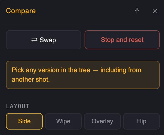 Compare panel with side, wipe, overlay and flip modes