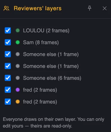 Reviewers' layers panel listing each reviewer with their own layer and frame count